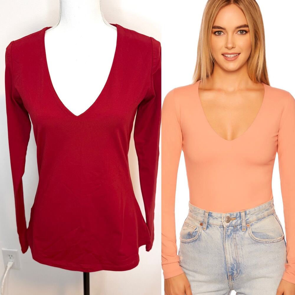 Susana Monaco Core Sexy V-Neck Long Sleeve Top In Siren Red Size Large New